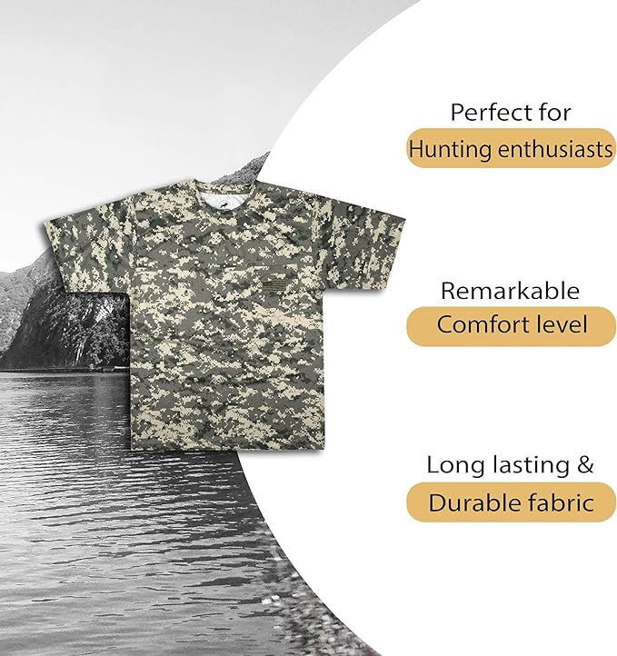 Mooselander Kid's Patriotic Camo T-Shirt: USA Flag Embroidery, Camouflage Street & Gym Wear, Chest Pocket, Hunting Apparel