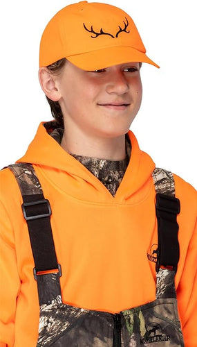 Mooselander - Youth Baseball Cap in Blaze Orange with Embroidered Antlers Logo