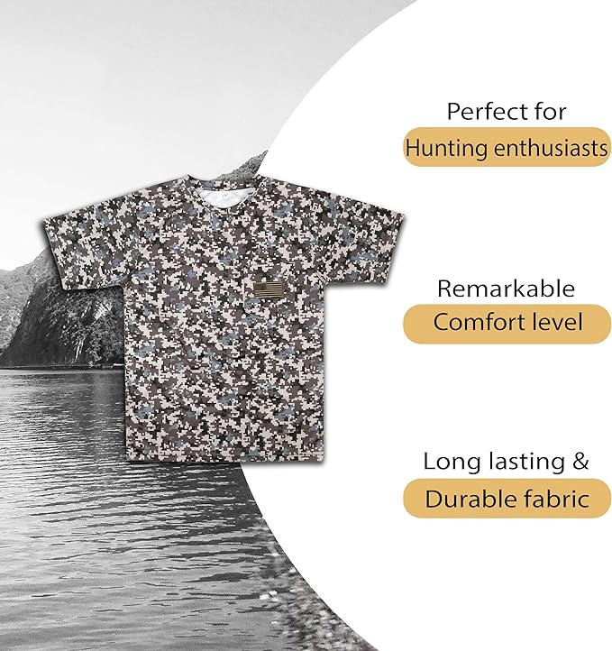 Mooselander Kid's Patriotic Camo T-Shirt: USA Flag Embroidery, Camouflage Street & Gym Wear, Chest Pocket, Hunting Apparel