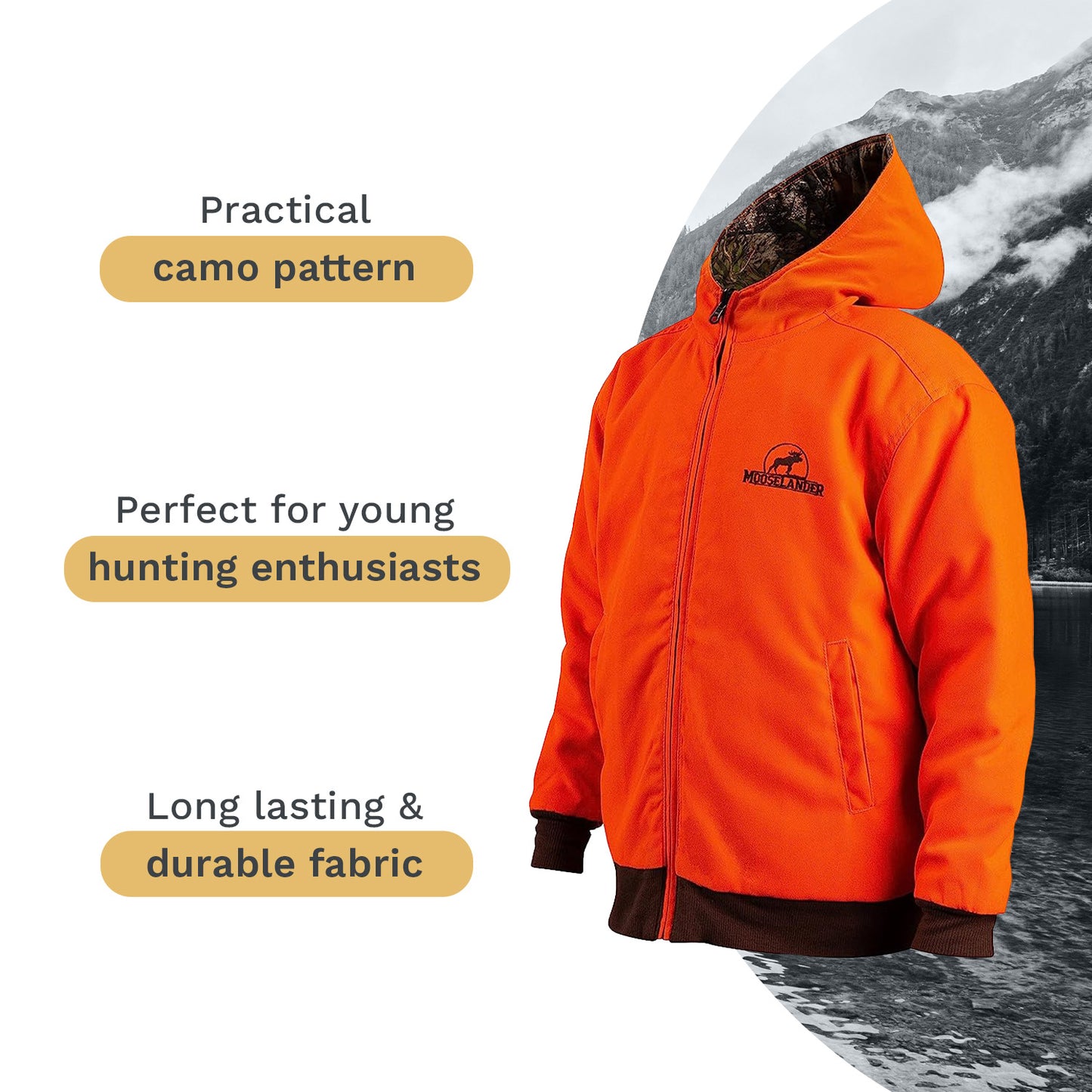 Mooselander - Youth Reversible Full Zip Jacket, Hunting Camo Jacket for Kids and Teens, Versatile and Fashionable Full Zip Hoodie, Premium Hunting Apparel