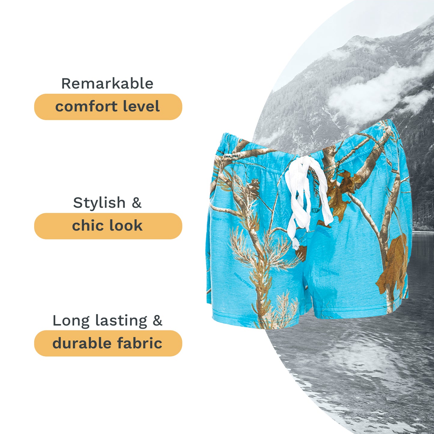 Mooselander - Wide Leg Ladies' Sleep Shorts, Comfy Shorts for Women with Realtree Camo Print, Breathable, Elastic Waistband Camouflage Shorts