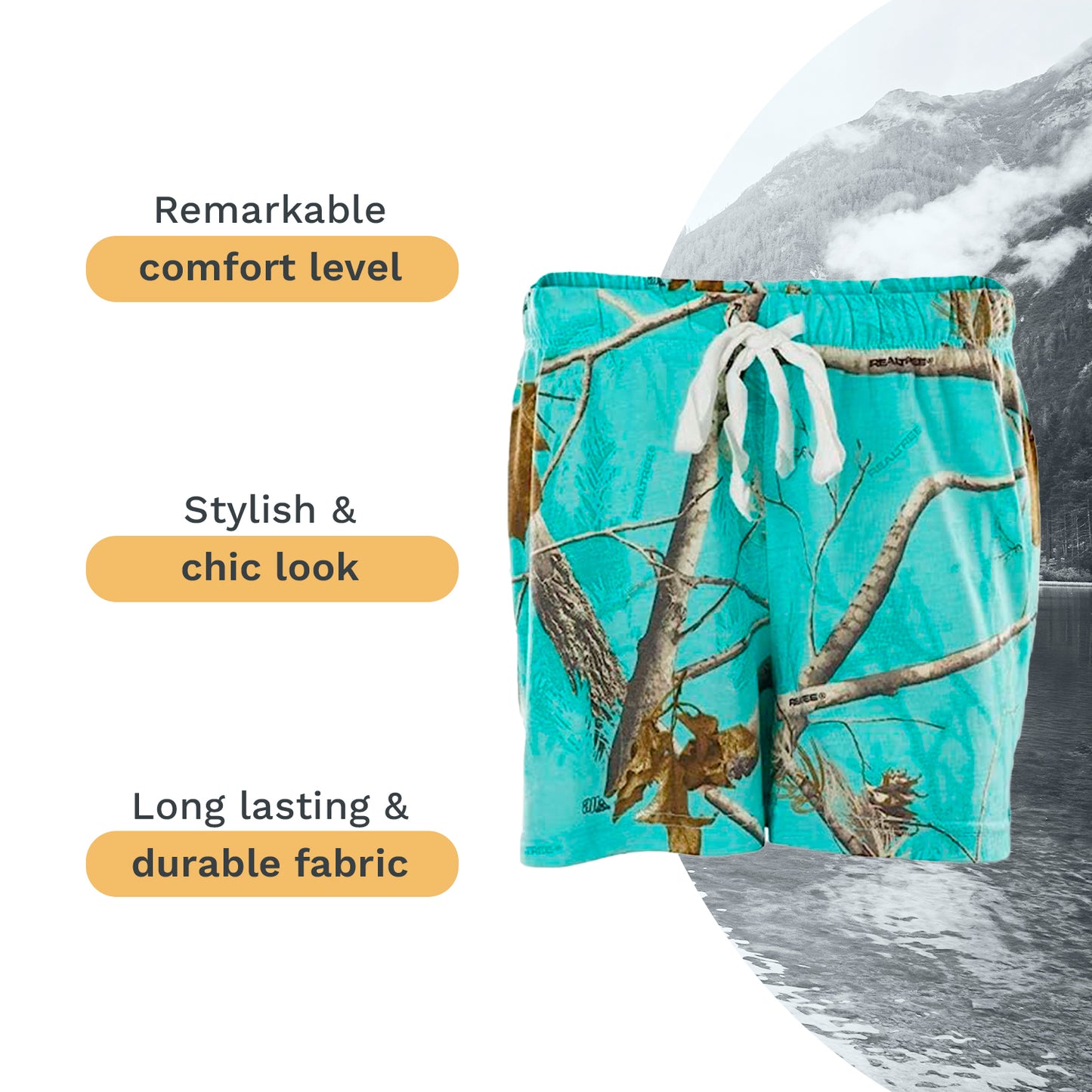 Mooselander - Wide Leg Ladies' Sleep Shorts, Comfy Shorts for Women with Realtree Camo Print, Breathable, Elastic Waistband Camouflage Shorts