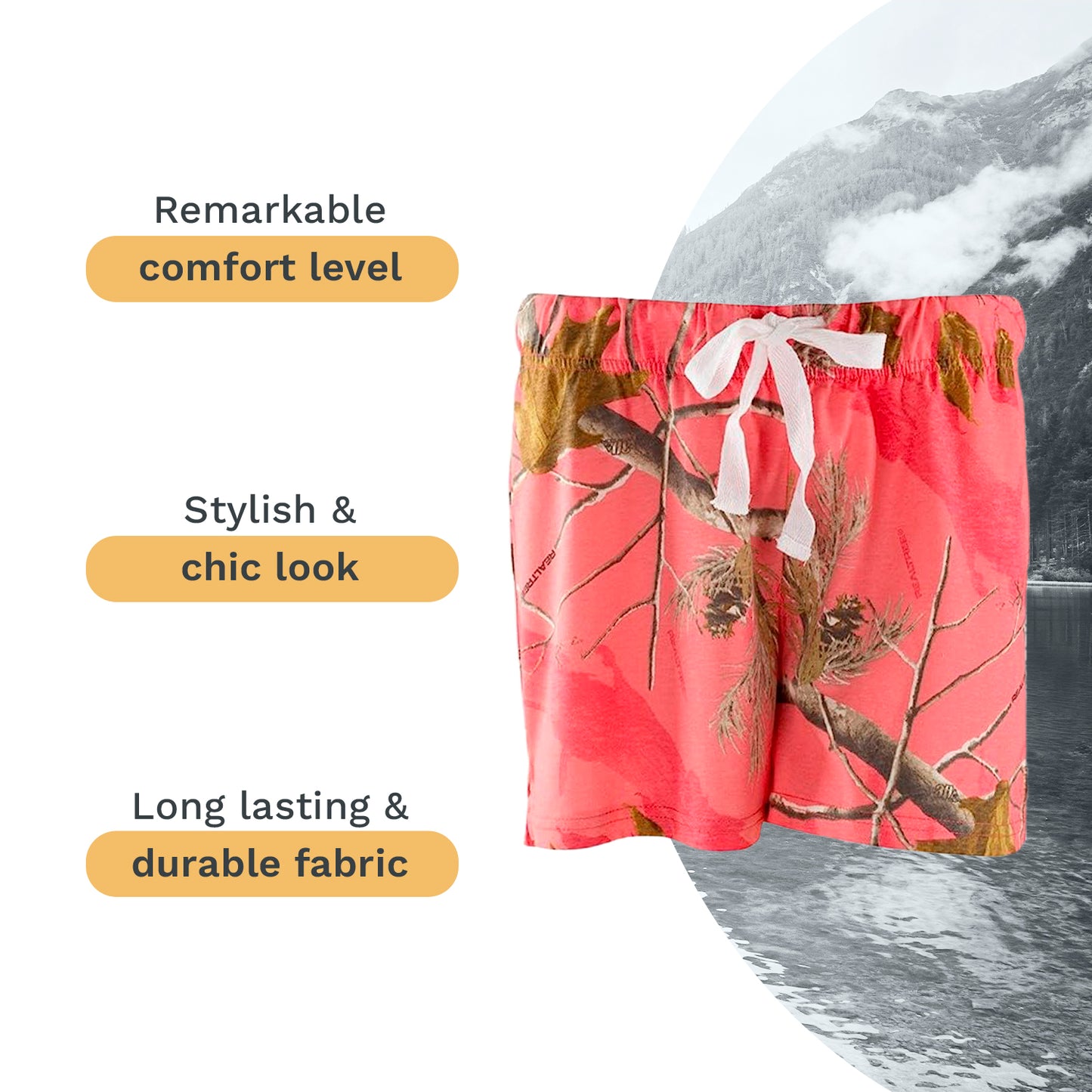 Mooselander - Wide Leg Ladies' Sleep Shorts, Comfy Shorts for Women with Realtree Camo Print, Breathable, Elastic Waistband Camouflage Shorts