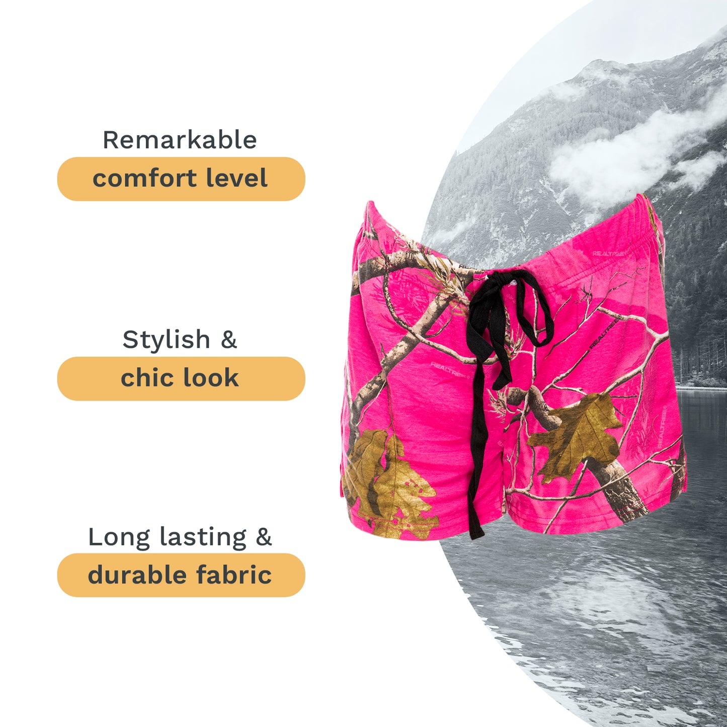 Mooselander - Wide Leg Ladies' Sleep Shorts, Comfy Shorts for Women with Realtree Camo Print, Breathable, Elastic Waistband Camouflage Shorts