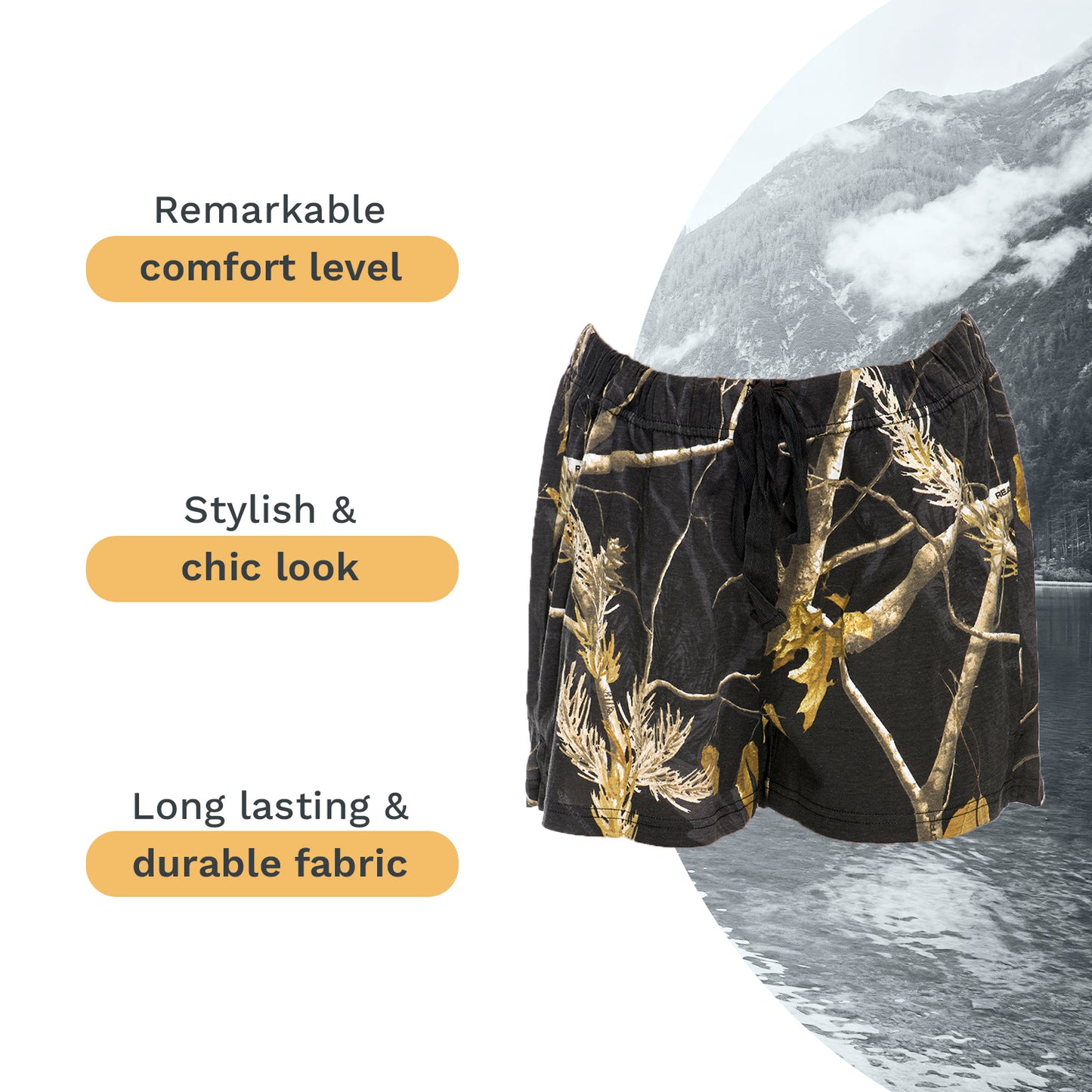 Mooselander - Wide Leg Ladies' Sleep Shorts, Comfy Shorts for Women with Realtree Camo Print, Breathable, Elastic Waistband Camouflage Shorts