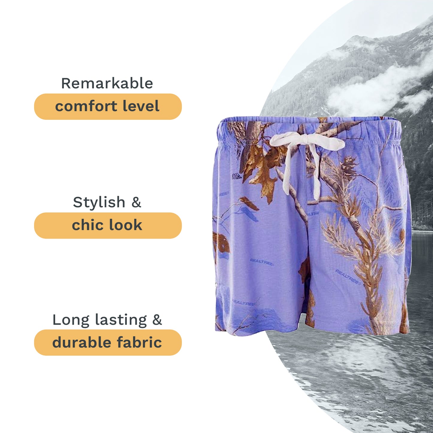 Mooselander - Wide Leg Ladies' Sleep Shorts, Comfy Shorts for Women with Realtree Camo Print, Breathable, Elastic Waistband Camouflage Shorts