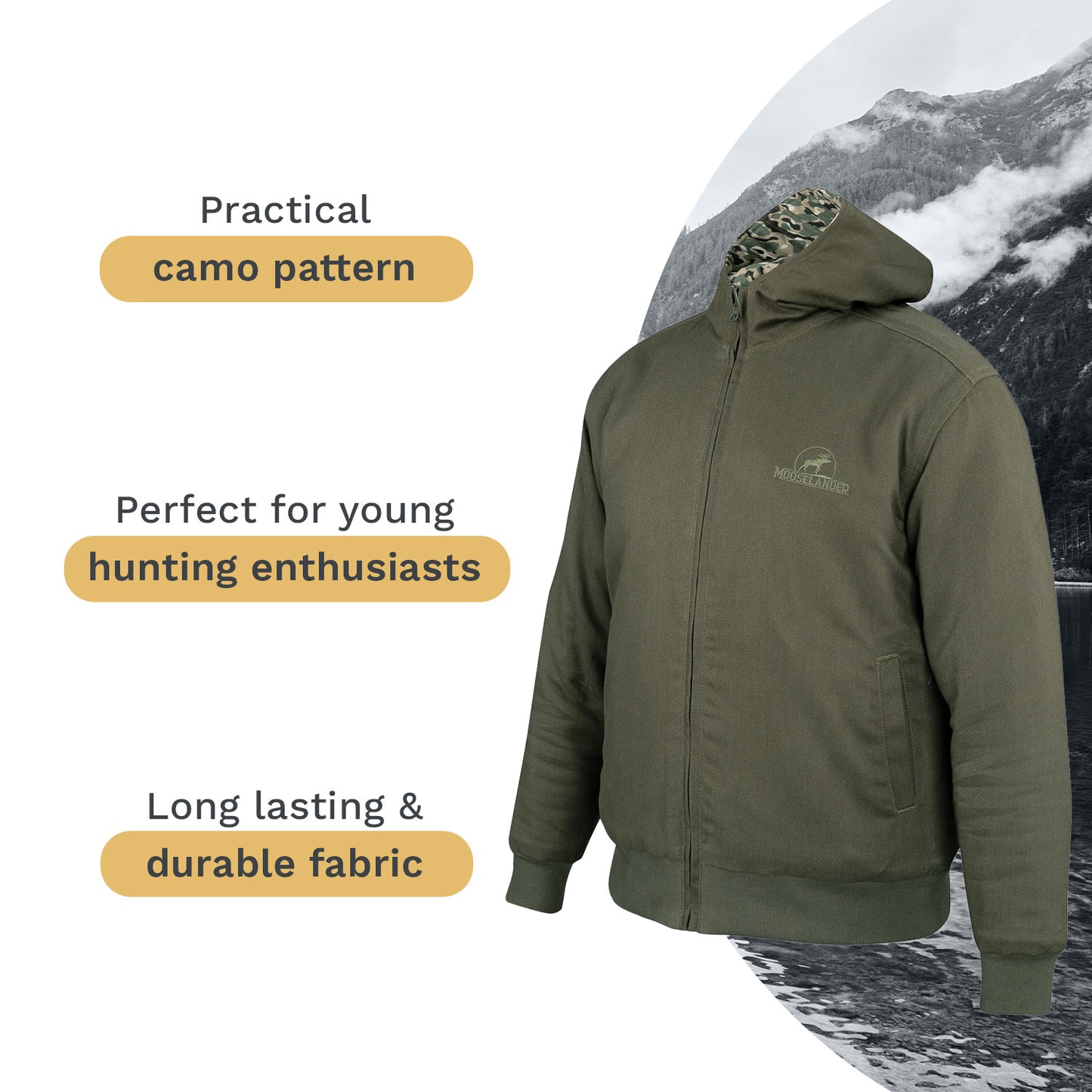 Mooselander - Youth Reversible Full Zip Jacket, Hunting Camo Jacket for Kids and Teens, Versatile and Fashionable Full Zip Hoodie, Premium Hunting Apparel