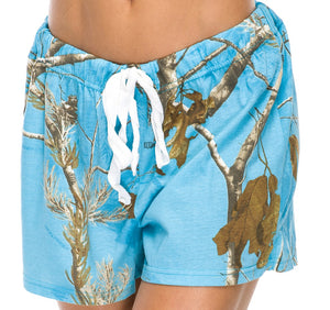 Mooselander - Wide Leg Ladies' Sleep Shorts, Comfy Shorts for Women with Realtree Camo Print, Breathable, Elastic Waistband Camouflage Shorts, AP Blue Fish
