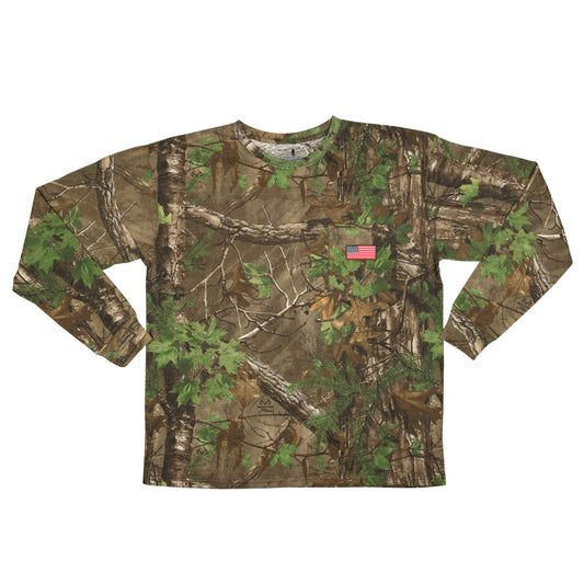 Mooselander - Men's Patriotic Long Sleeve T-Shirt, Camo T-Shirt for Men, Hunting Apparel with USA Flag Embroidery in Chest Pocket, Great Camouflage Street Wear & Gym Shirt