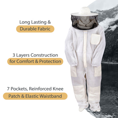 Mooselander 3-Layer Beekeeping Suit with Detachable Round Veil, Breathable Mesh, 7 Pockets, Reinforced Knees, Unisex