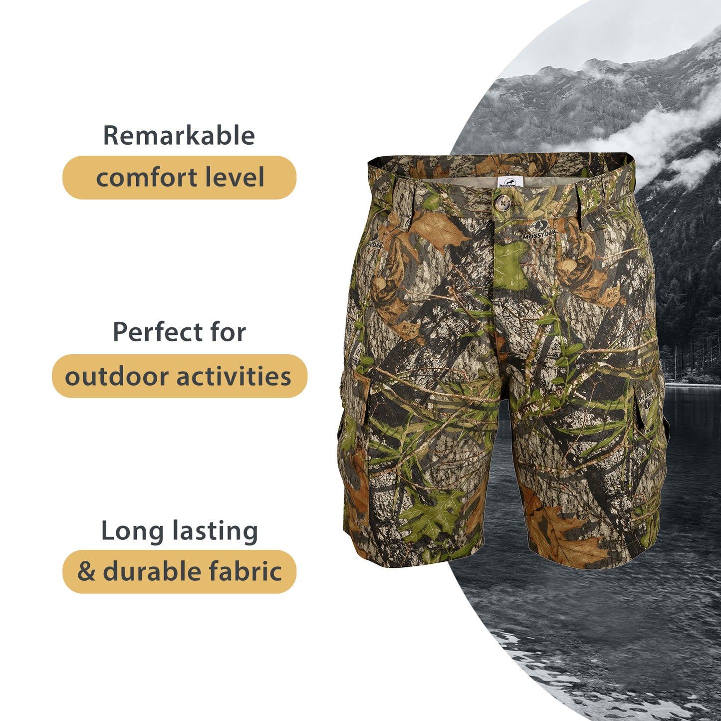 Men's Cargo Shorts - Durable Camo Cargo Shorts for Men - Mens Shorts Cargo with Mossy Oak Print - Ideal for Hiking and Camping