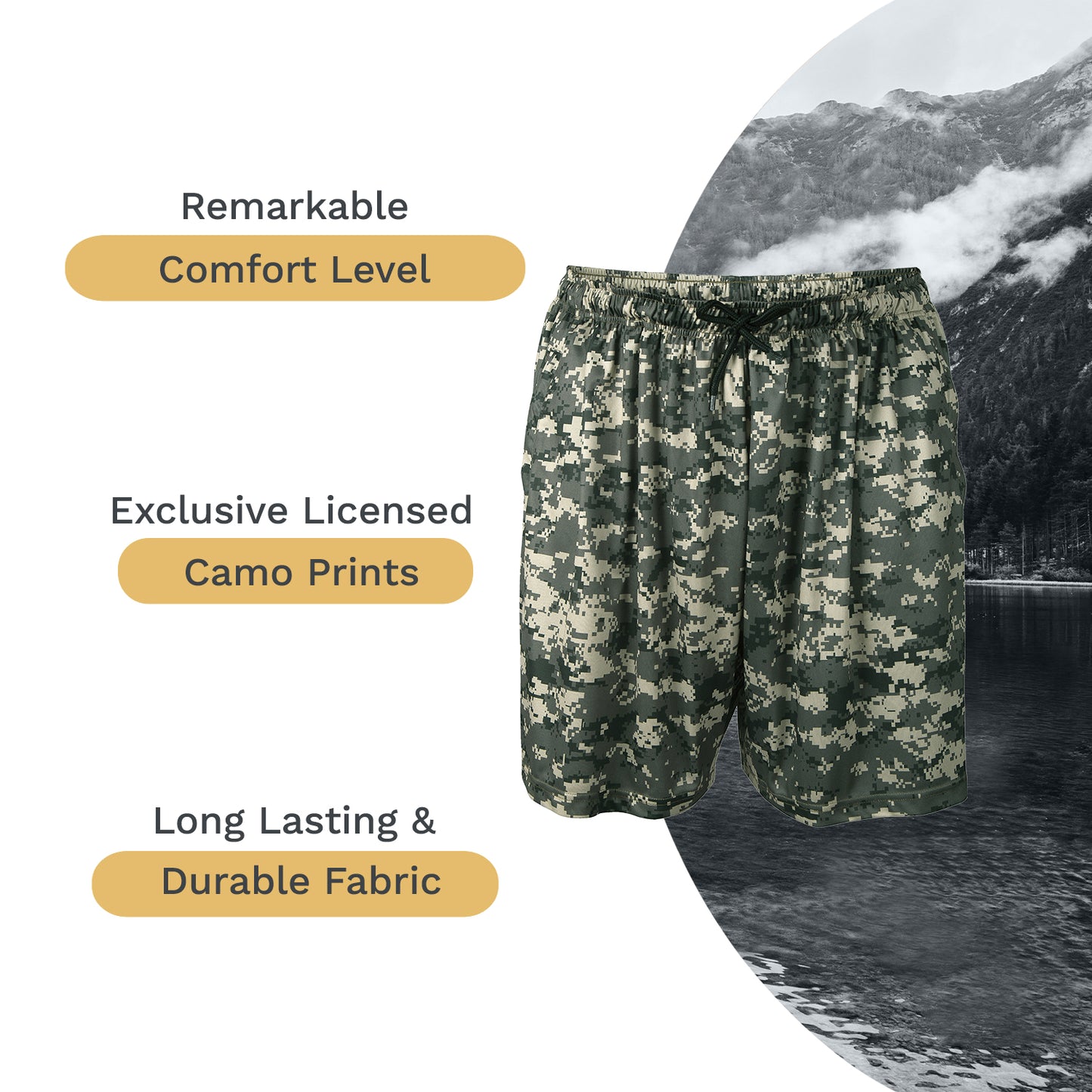 Mooselander Men's Athletic Camo Shorts – Lightweight, Breathable Gym Shorts with Zip Pockets for Active Comfort