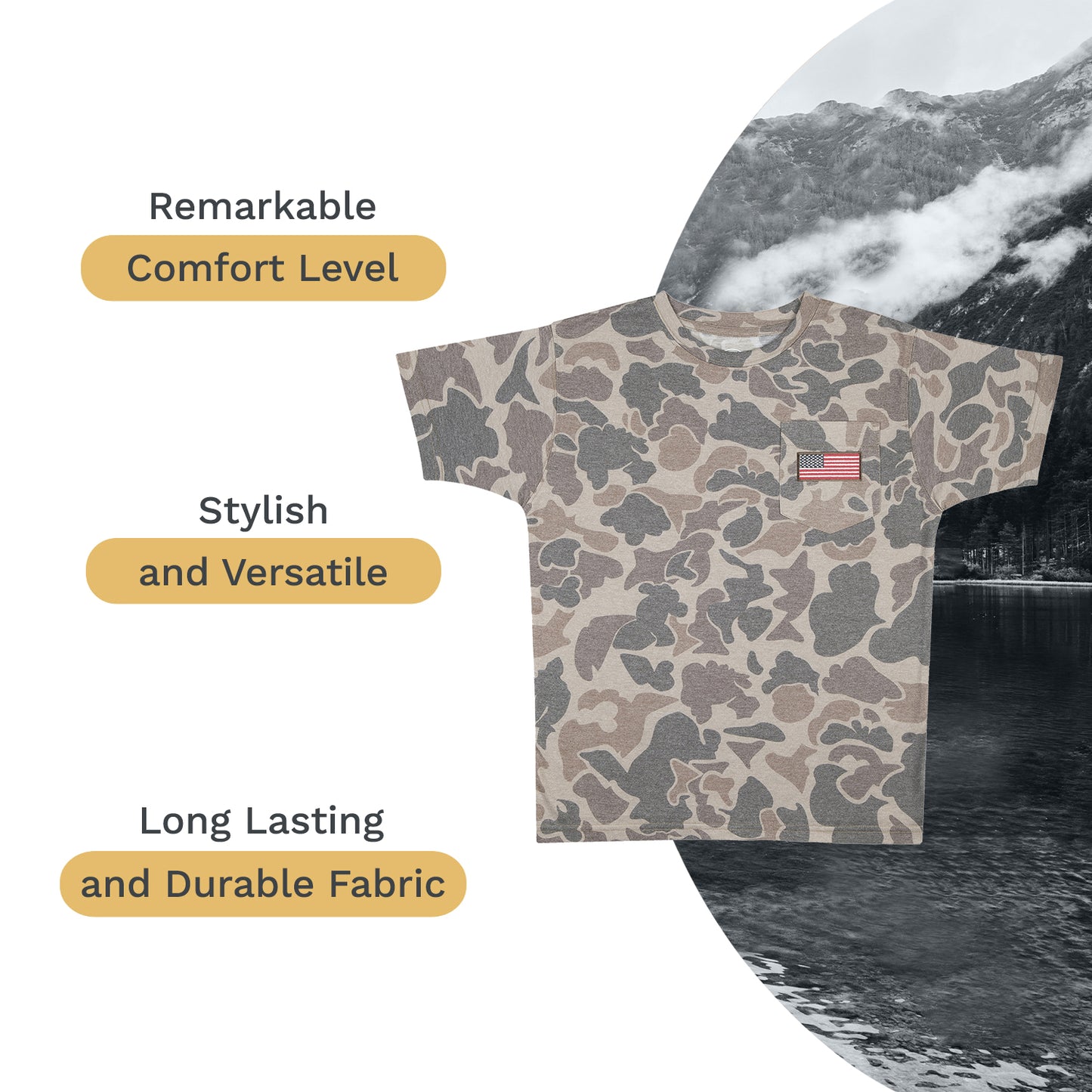 Men's Patriotic Camo T-Shirt: USA Flag Embroidery, Camouflage Street & Gym Wear, Chest Pocket, Hunting Apparel