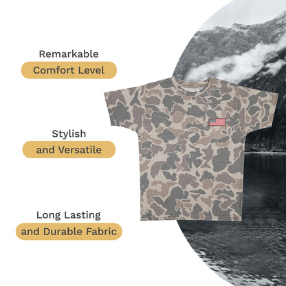 Men's Patriotic Camo T-Shirt: USA Flag Embroidery, Camouflage Street & Gym Wear, Chest Pocket, Hunting Apparel