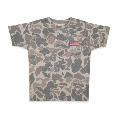 Men's Patriotic Camo T-Shirt: USA Flag Embroidery, Camouflage Street & Gym Wear, Chest Pocket, Hunting Apparel