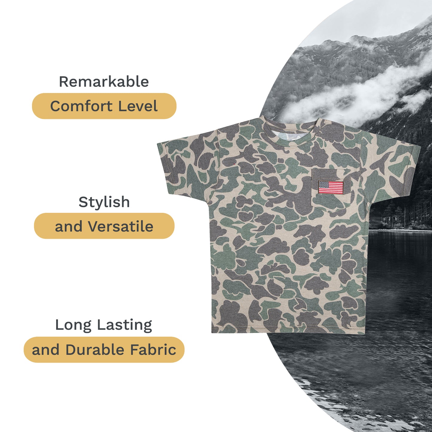 Men's Patriotic Camo T-Shirt: USA Flag Embroidery, Camouflage Street & Gym Wear, Chest Pocket, Hunting Apparel