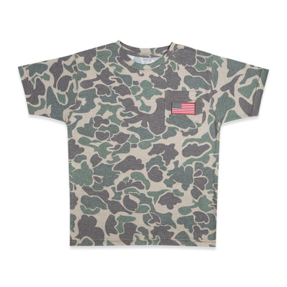 Men's Patriotic Camo T-Shirt: USA Flag Embroidery, Camouflage Street & Gym Wear, Chest Pocket, Hunting Apparel