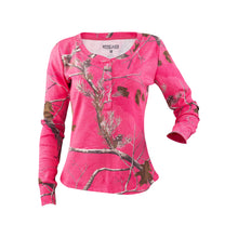 Ladies Long Sleeve Henley Shirt in Realtree AP Pink Camo Print