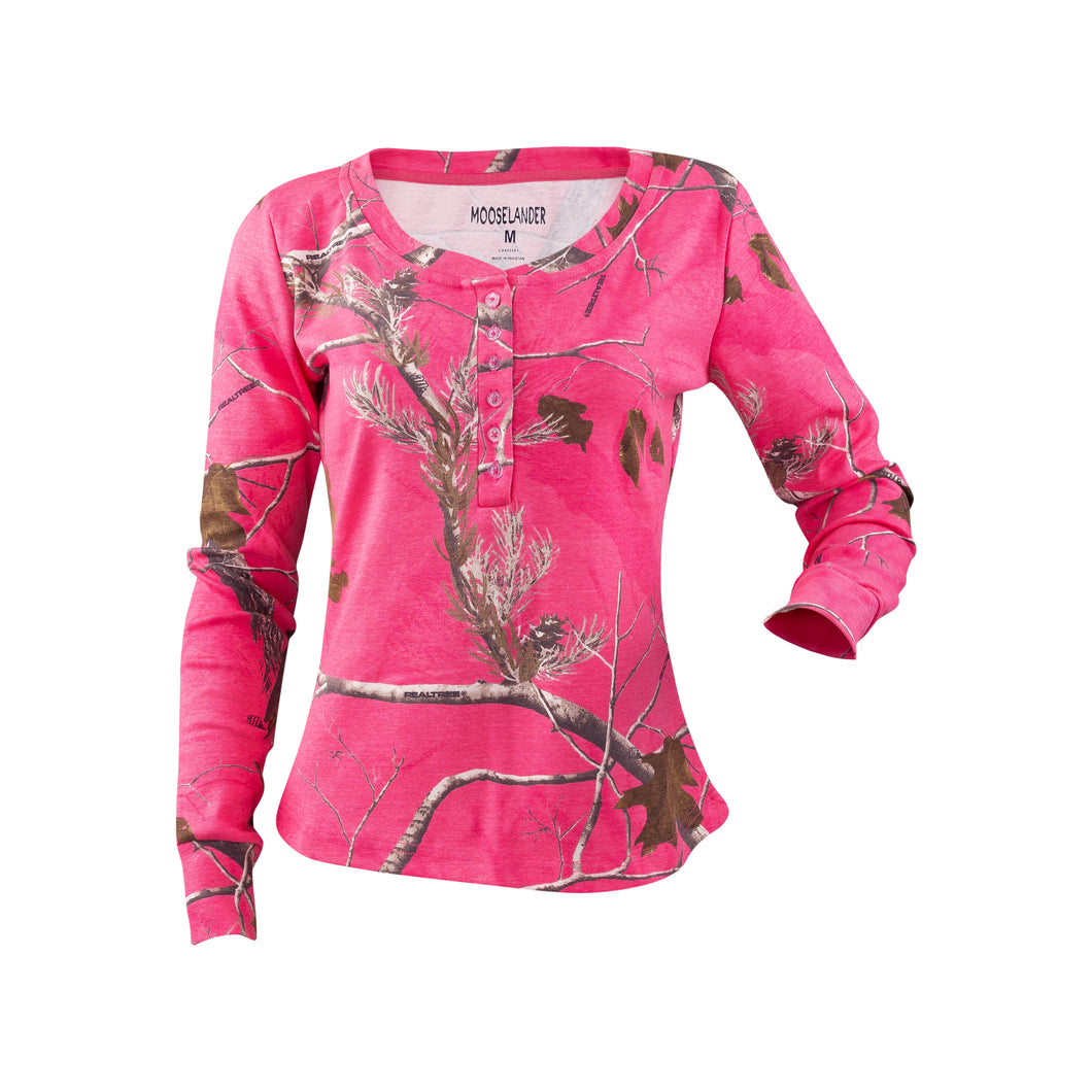 Ladies Long Sleeve Henley Shirt in Realtree AP Pink Camo Print