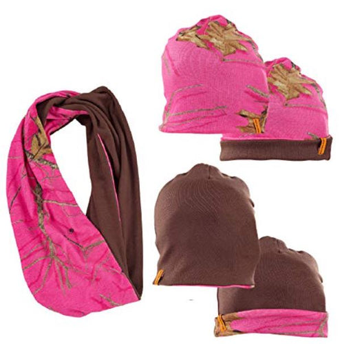 Ladies Reversible Beanie + Infinity Scarf Set in Realtree AP Hot Pink Camo Print