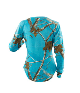 Ladies Long Sleeve Henley Shirt in Realtree AP Blue Fish Camo Print