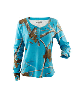 Ladies Long Sleeve Henley Shirt in Realtree AP Blue Fish Camo Print