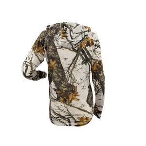 Ladies Long Sleeve Hooded Shirt in Mossy Oak Winter Break Up Camo Print