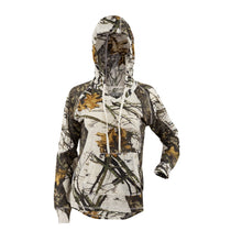 Ladies Long Sleeve Hooded Shirt in Mossy Oak Winter Break Up Camo Print