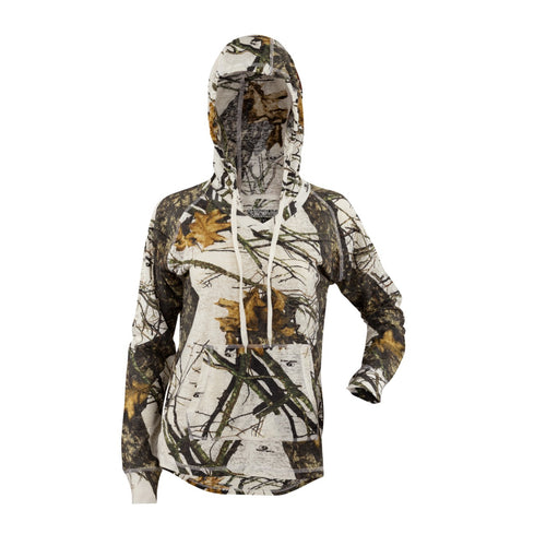 Ladies Long Sleeve Hooded Shirt in Mossy Oak Winter Break Up Camo Print