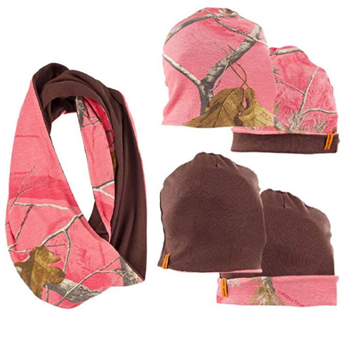 Ladies Reversible Beanie + Infinity Scarf Set in Realtree AP Sugar Coral Camo Print
