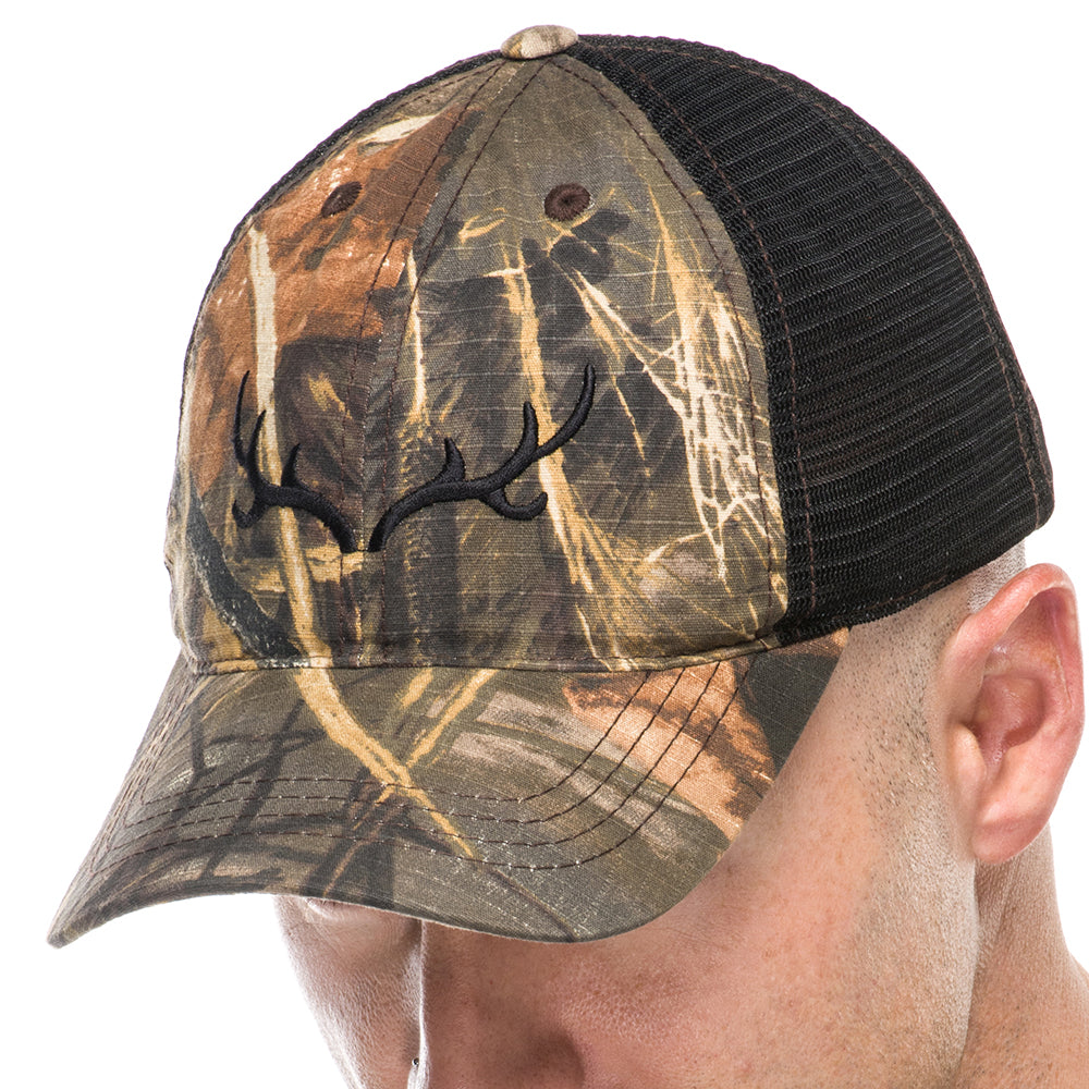 Adult Trucker Hat in Realtree Camo with Embroidered Black Antlers