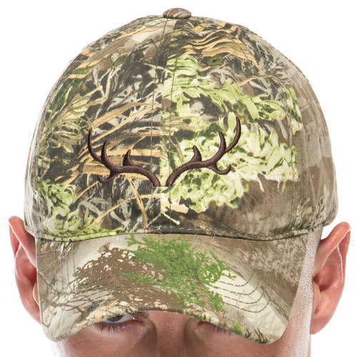 Adult Hunting Baseball Cap in Realtree Camo Print with Embroidered Brown Antlers