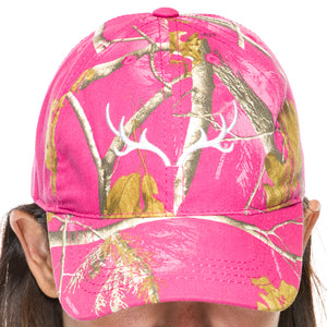 Ladies Baseball Cap in Realtree AP Hot Pink Camo Print with White Antler Embroidery