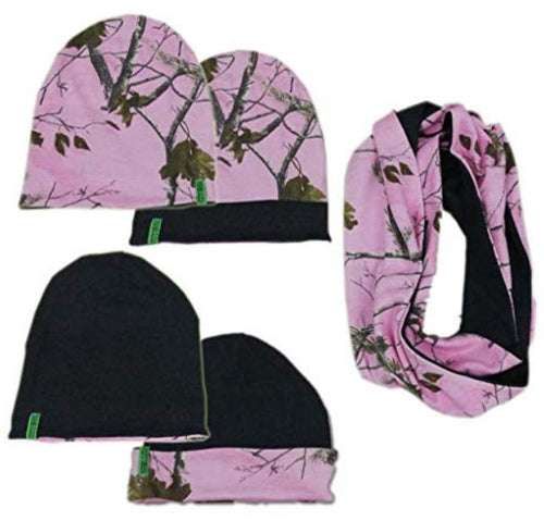 Ladies Reversible Beanie + Infinity Scarf Set in Realtree AP Pink Camo Print